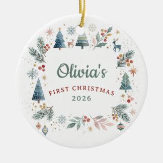 Boho Scandi Bos Baby 1e Kerstmis Keramisch Ornament