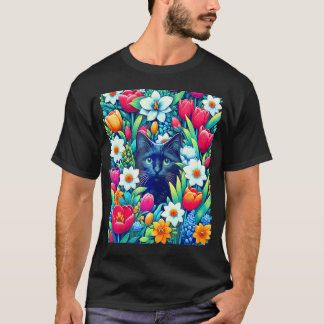 Boho Schattige Bloemen Zwarte Kat Verbergen In Len T-shirt