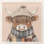 Boho Schattigee Highland Koe in Pet Cream Glazen Onderzetter (Voorkant)