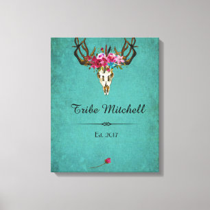 Boho Schedel Bloemen Familie Naam Muur Canvas Afdruk