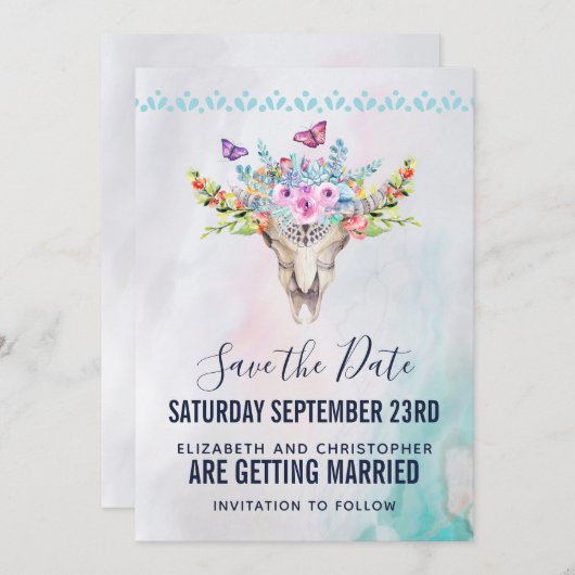 Boho schedel met bloemenboeket bruiloft save the date (Voorkant / Achterkant)