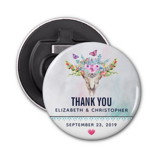 Boho schedel met een bloemenboeket bruiloft button flesopener (Voorkant)