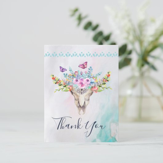 Boho Schedel met Vlinders en Bloemen Dank Je Briefkaart (Staand voorkant)