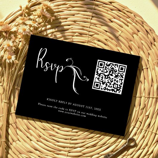 Boho Script Black Wedding QR Code Budget RSVP-kaar Notitiekaartje
