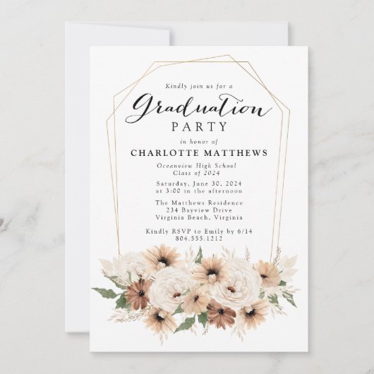 Boho Script Floral Graduation Party Invitation (Devant)