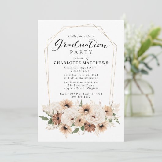 Boho Script Floral Graduation Party Invitation (Debout devant)