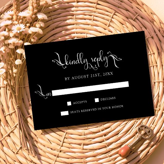 Boho Script Mariage noir Kindly Replay Cartes RSVP