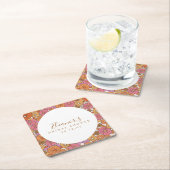 Boho Script Oker Roze Bloem Bruiloft Feest Custom Vierkante Kartonnen Onderzetter (Insitu)