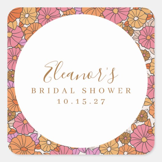 Boho Script Oker Roze Bloemige Bruidsdouche Custom Vierkante Sticker (Voorkant)
