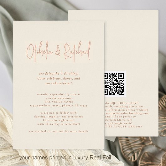 Boho Script QR Code Crème Trouw Luxe Echt Folie Uitnodiging