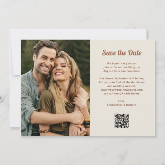Boho Script | Twee foto- en QR-code Save The Date (Achterkant)