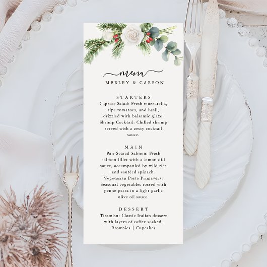 Boho Script Winter Greenery Evergreen Wedding Menu