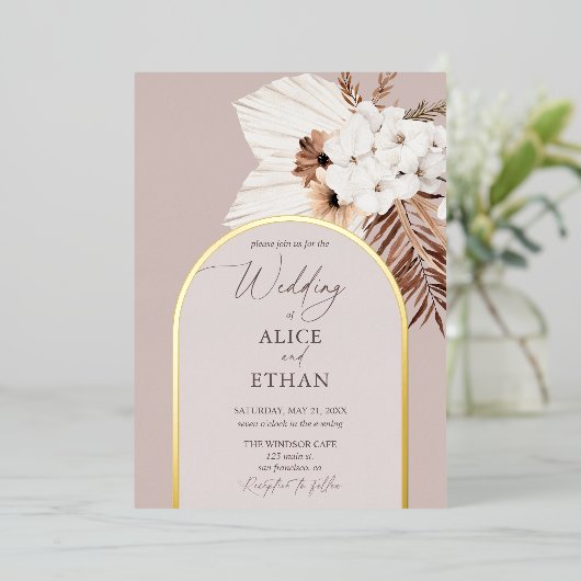 Boho séché Palm Feuille Mariage Foil Invitation (Debout devant)