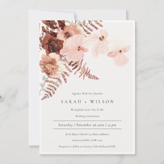 Boho séché rouille Blush Fern Mariage Invitation (Devant)