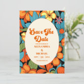 Boho Seventies Retro Bloemenbruiloft Save The Date (Staand voorkant)