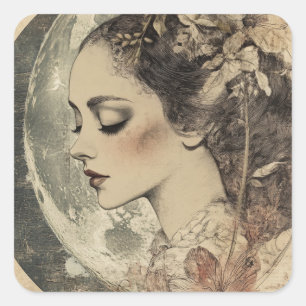 Boho Sideview Vrouw en Halve Maan Vierkante Sticker