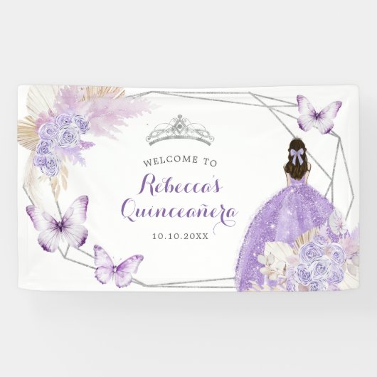 Boho Silver Lila geometrisch quinceañera groot Spandoek (Horizontaal)