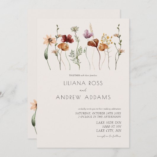 Boho Simple Fleur sauvage Faire-part de mariage (Devant / Derrière)