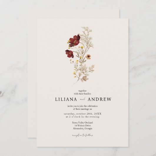 Boho Simple Fleur sauvage Faire-part de mariage (Devant / Derrière)