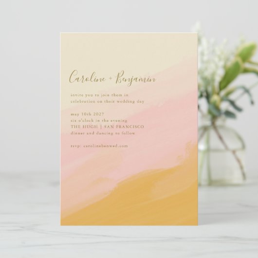 Boho Simple Waterverf Pink Yellow Script Weddensch Kaart (Staand voorkant)