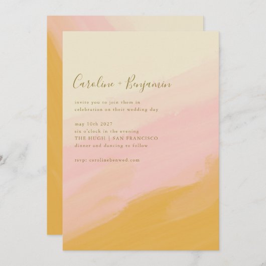 Boho Simple Waterverf Pink Yellow Script Weddensch Kaart (Voorkant / Achterkant)