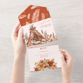Boho Sinaasappel bloeit in één huwelijksuitnodigin All In One Uitnodiging