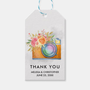 Boho Sinaasappel Camera & Bloemen Waterverf Bruilo Cadeaulabel