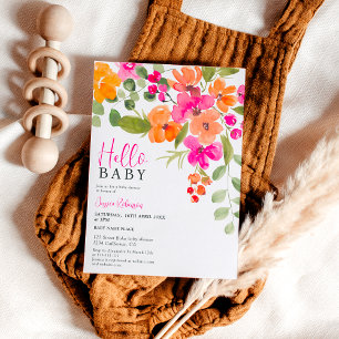 Boho sinaasappel floral waterverf hallo baby showe kaart