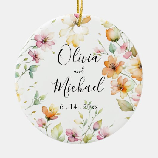 Boho Sinaasappel Roze Waterverf Wildbloemen Keramisch Ornament (Voorkant)