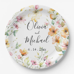 Boho Sinaasappel Roze Waterverf Wildbloemen Papieren Bordje