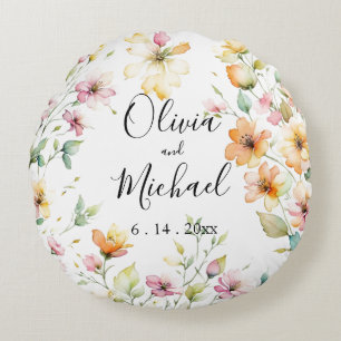  Boho Sinaasappel Roze Waterverf Wildbloemen Rond Kussen