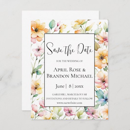 Boho Sinaasappel Roze Waterverf Wildbloemen Save The Date (Voorkant / Achterkant)