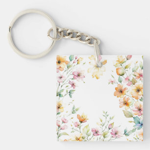 Boho Sinaasappel Roze Waterverf Wildbloemen Sleutelhanger