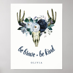 Boho Skull en Blue Peonies   Wees moedig, wees aar Poster