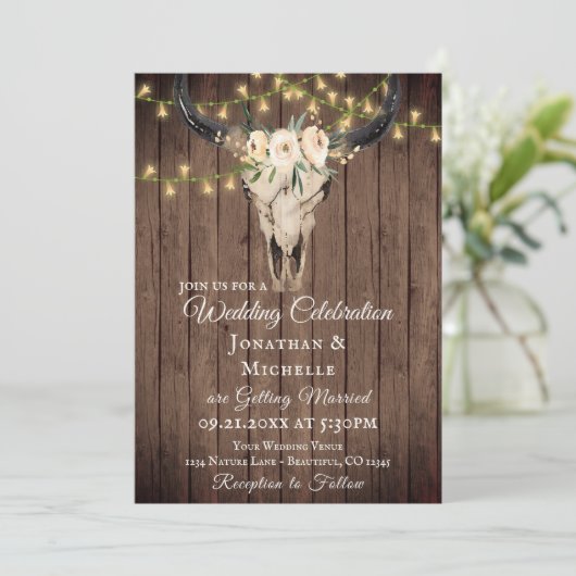 Boho Skull en Licht op hout in één bruiloft Kaart (Staand voorkant)