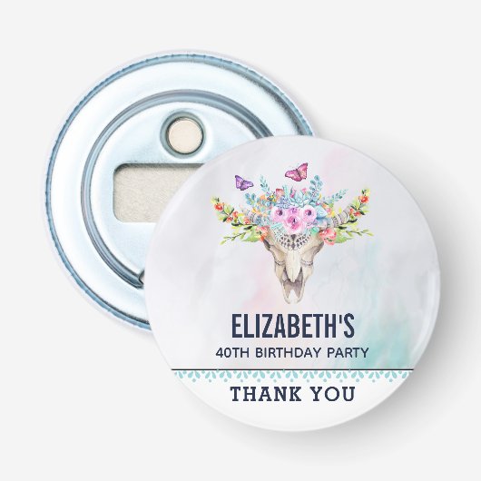 Boho Skull met Butterflies en Flowers Birthday Button Flesopener (Voorkant)