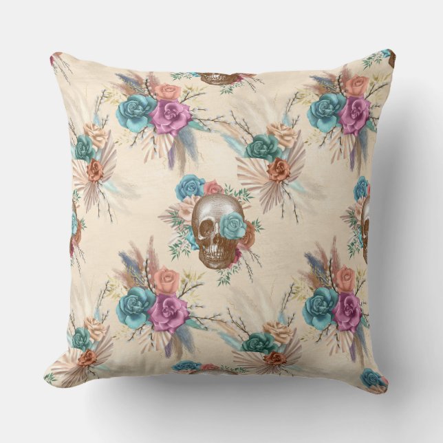Boho Skull met Flowers Kussen (Voorkant)