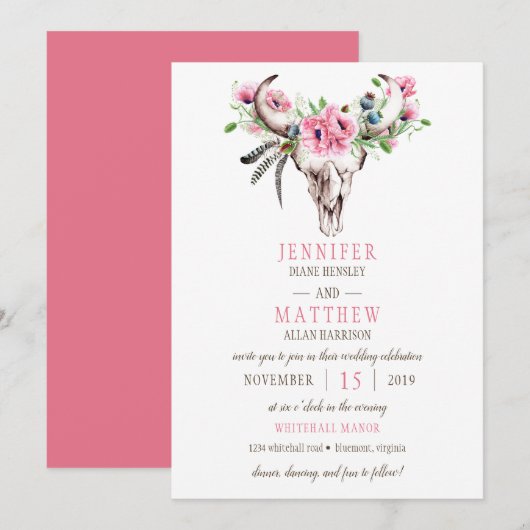 Boho Skull Pink Poppies Weddenschap Kaart (Voorkant / Achterkant)