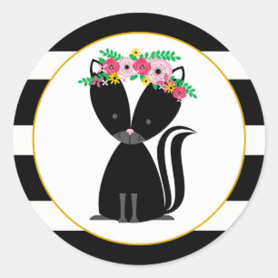 Boho Skunk Black + White Stripe Baby shower Ronde Sticker