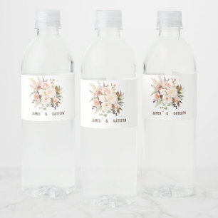 Boho Soft Colored Roos/White Flowers Wedding Waterfles Etiket