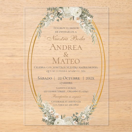 Boho Spanish Wedding Acrylic Invitation (Recto)