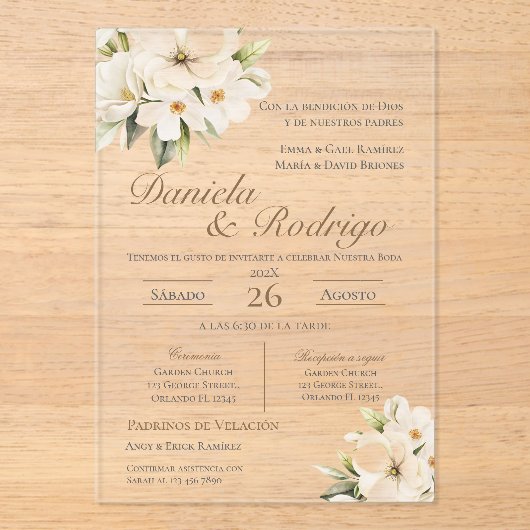 Boho Spanish Wedding Acrylic Invitation Acryl Uitnodigingen (Voorkant)