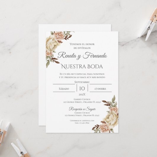 Boho Spanish Wedding Invitation Kaart (Voorkant / Achterkant in situ)