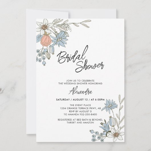 Boho Spring Blue Floral Bridal Brunch Shower Invit Kaart (Voorkant)