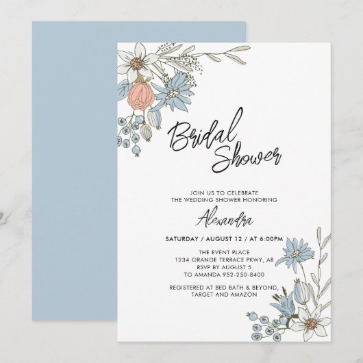 Boho Spring Blue Floral Bridal Brunch Shower Invit Kaart (Voorkant / Achterkant)