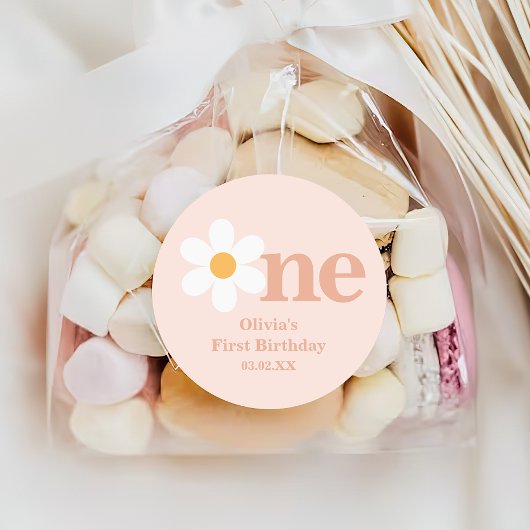 Boho Spring Blush Roze Daisy Een Eerste Verjaardag Ronde Sticker