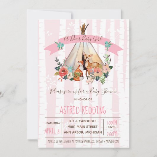 Boho Spring, Chère Bébée Fille Invitation de douch (Devant)