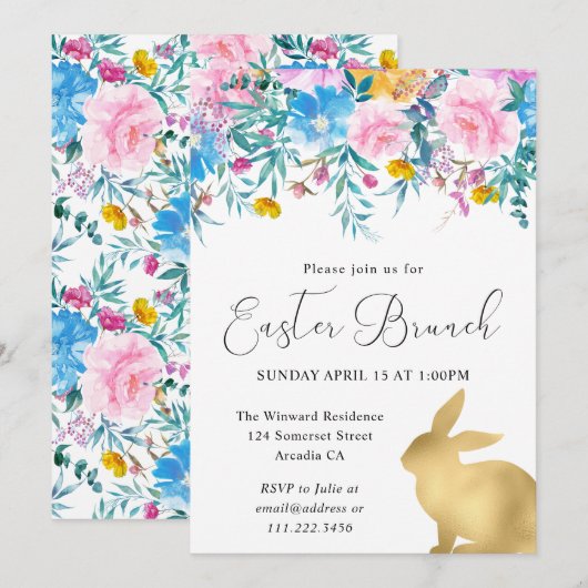 Boho Spring Flowers en Gold Bunnies Easter Brunch Kaart (Voorkant / Achterkant)