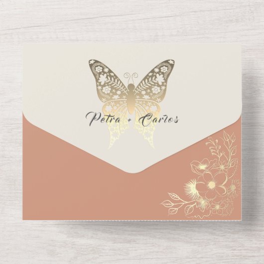 Boho Spring Peach bruiloft All In One Uitnodiging (Achterkant)