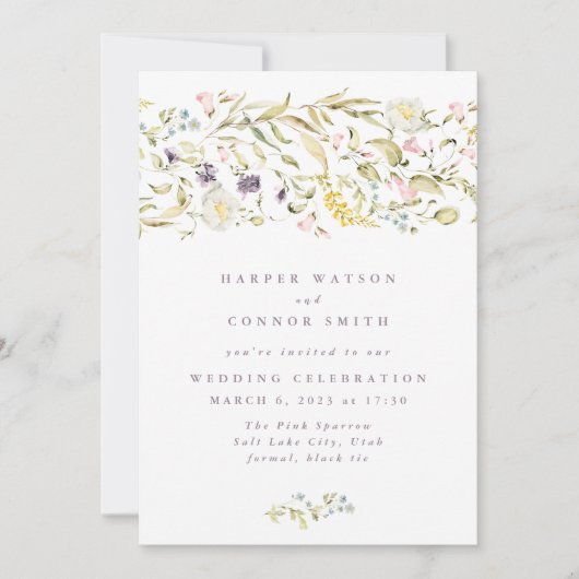 Boho Spring Wild Botanical Florals Stripe Wedding Kaart (Voorkant)